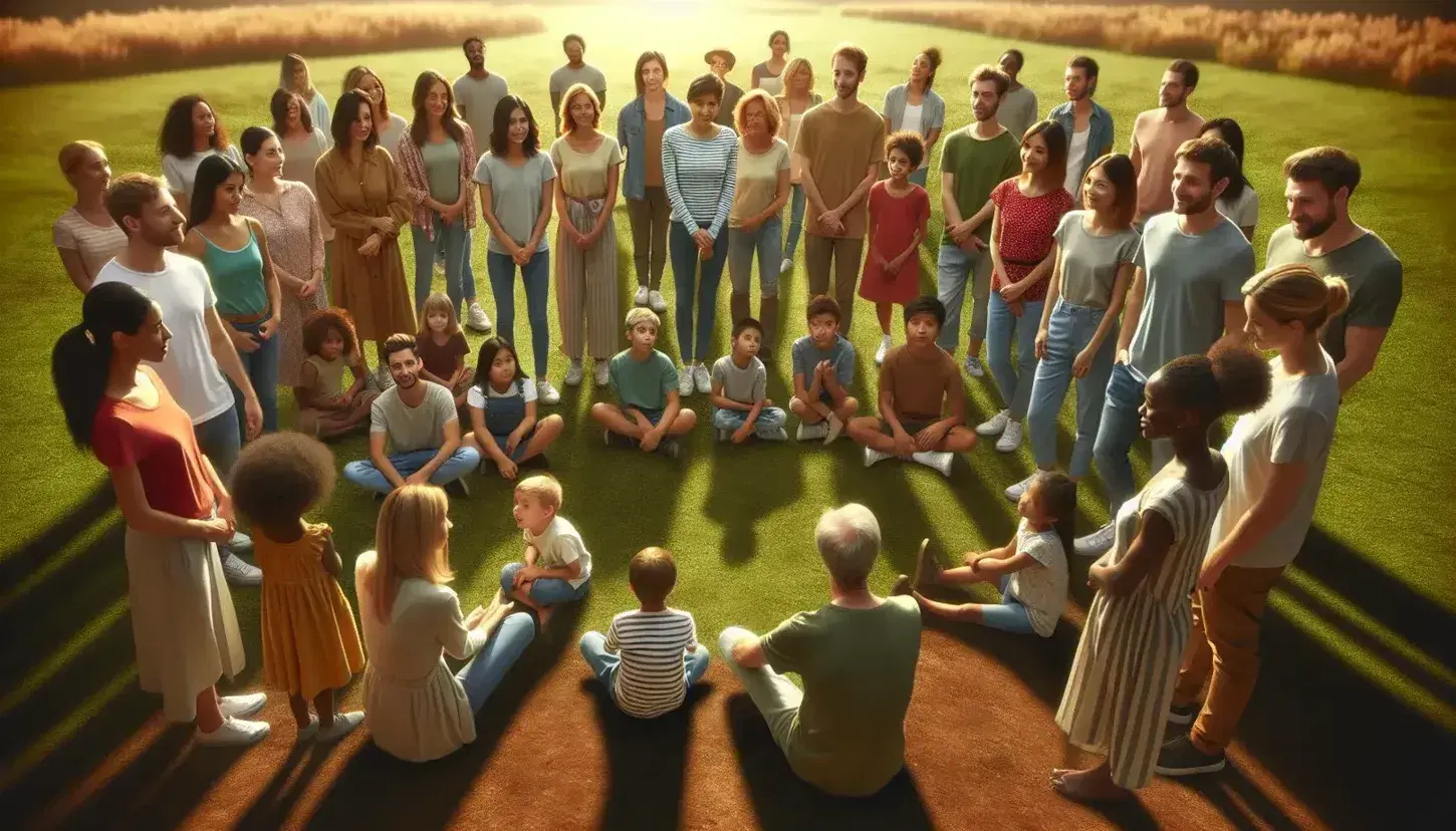 Grupo diverso escuchando atentamente a un adulto que cuenta una historia al aire libre, con niños sentados en primer plano y árboles al fondo.