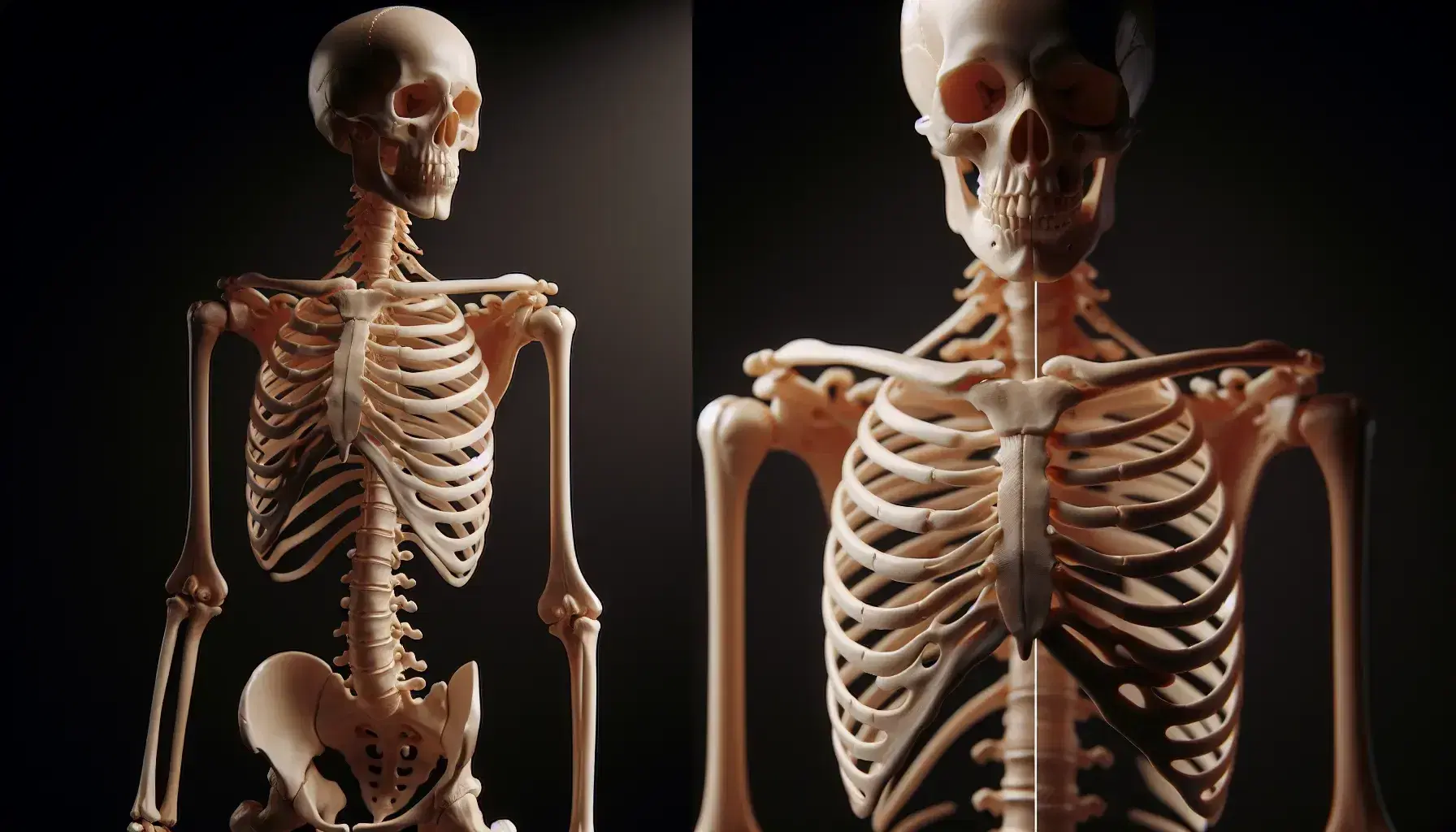 Esqueleto humano completo en posición vertical con detalle en el torso, costillas, columna vertebral y pelvis, bajo una iluminación suave que resalta la textura ósea.