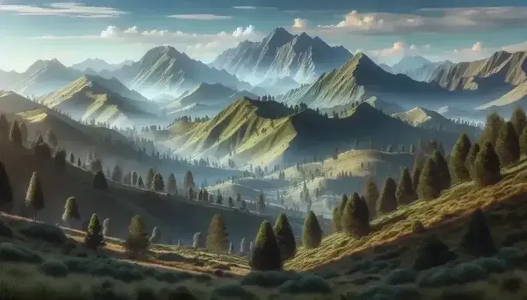 Paisaje montañoso natural con colinas verdes y picos rocosos bajo cielo azul con nubes dispersas, camino de tierra serpenteante y sin señales de actividad humana.