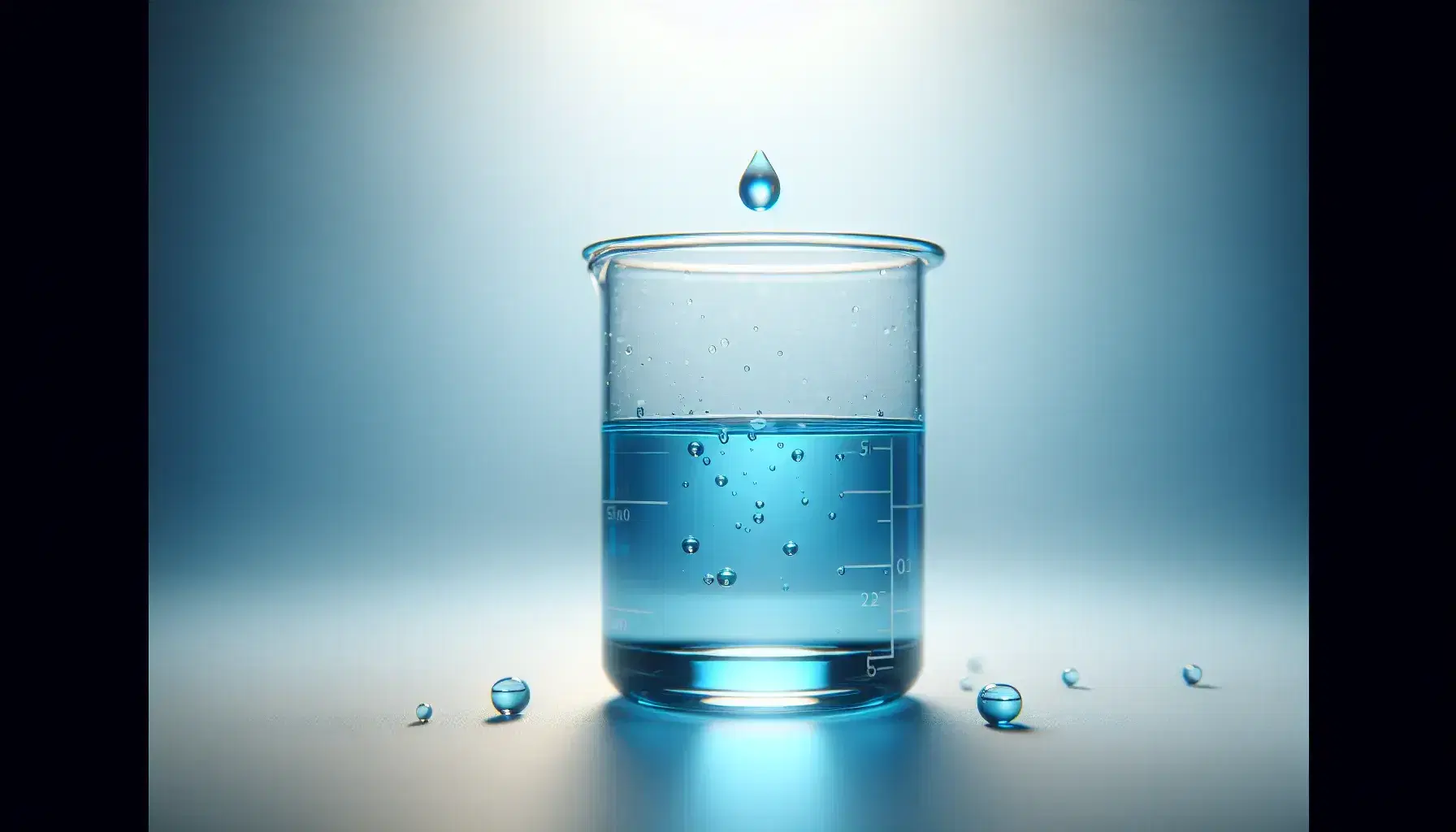 Clear glass beaker partially filled with blue liquid, with droplets suspended above, against a soft white-to-blue gradient background.