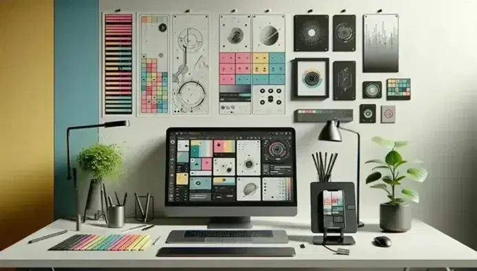 Espacio de trabajo moderno y ordenado con laptop, smartphone en soporte, tableta gráfica con stylus y monitor adicional, rodeado de notas adhesivas coloridas y planta interior.