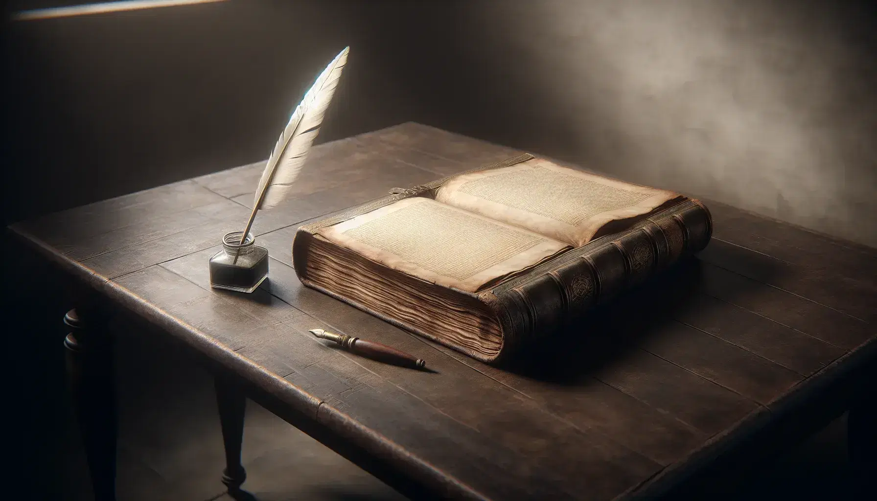 Antique leather-bound book open on a wooden table beside a white quill pen and glass inkwell, in a softly lit room with stone walls.