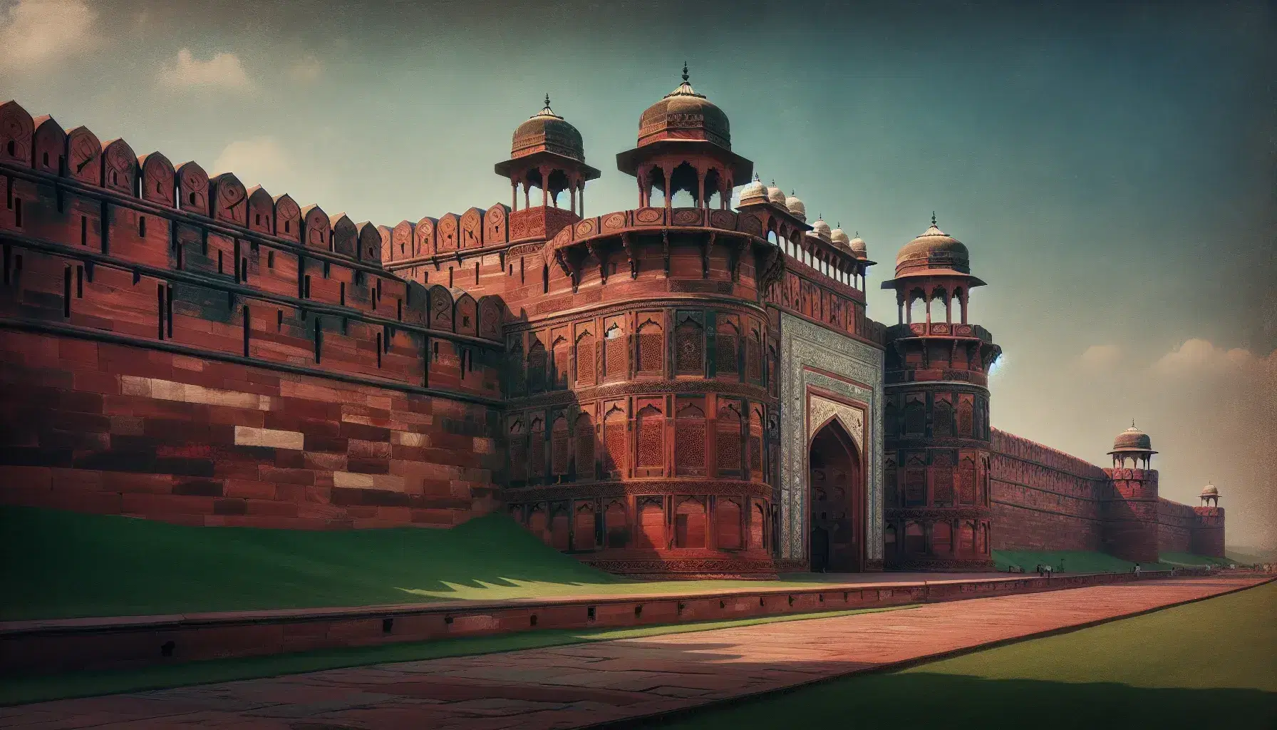 Agra Fort's red sandstone walls with crenellations and domed chhatris under a clear blue sky, highlighting the Mughal architecture's grandeur.