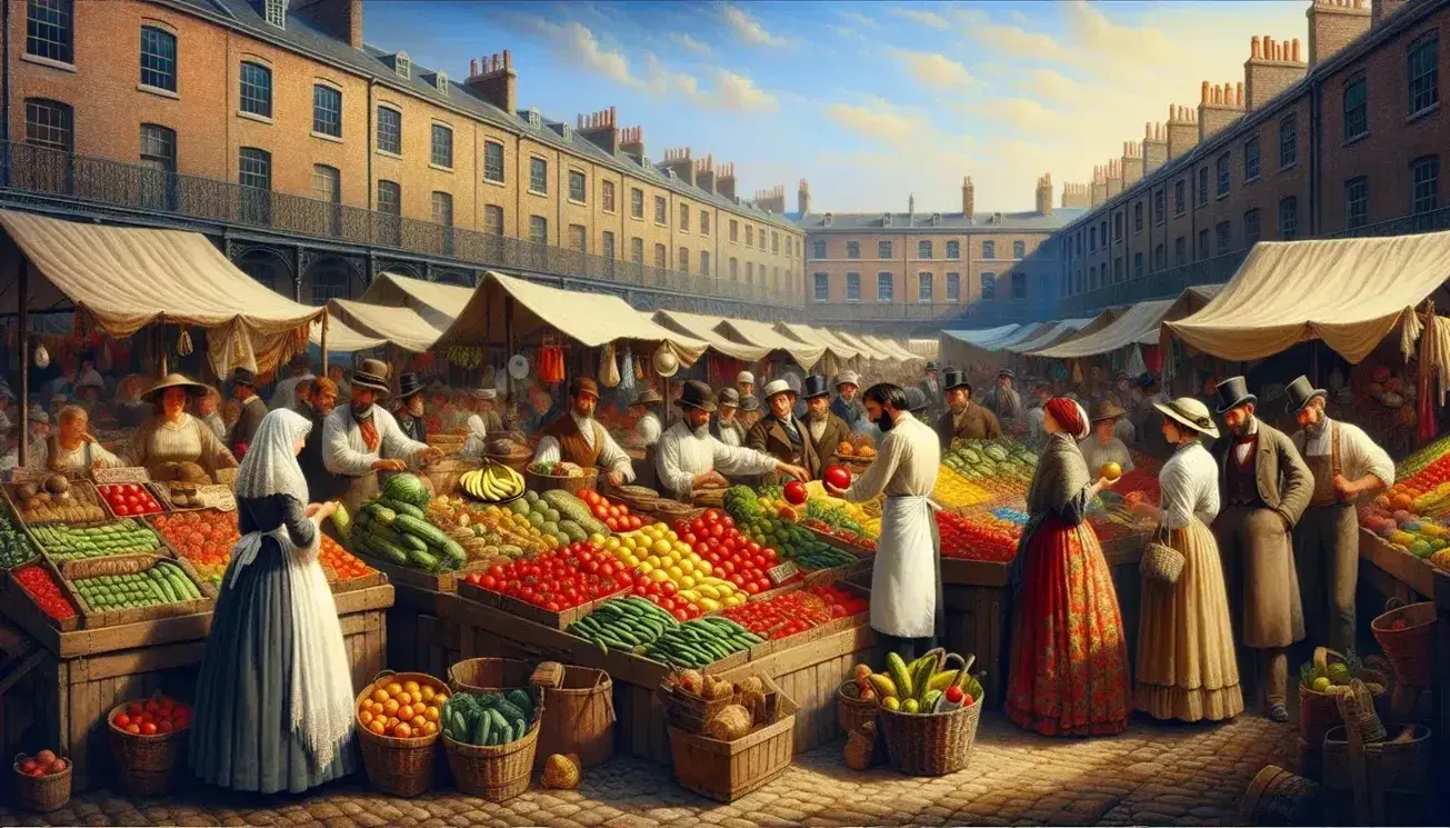 Bustling 19th-century marketplace scene with a fruit and vegetable vendor interacting with a customer, surrounded by various stalls and shoppers in period attire.