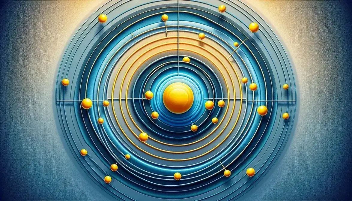 Stylized representation of an atom with a yellow nucleus surrounded by orange electrons on concentric energy levels in shades of blue.