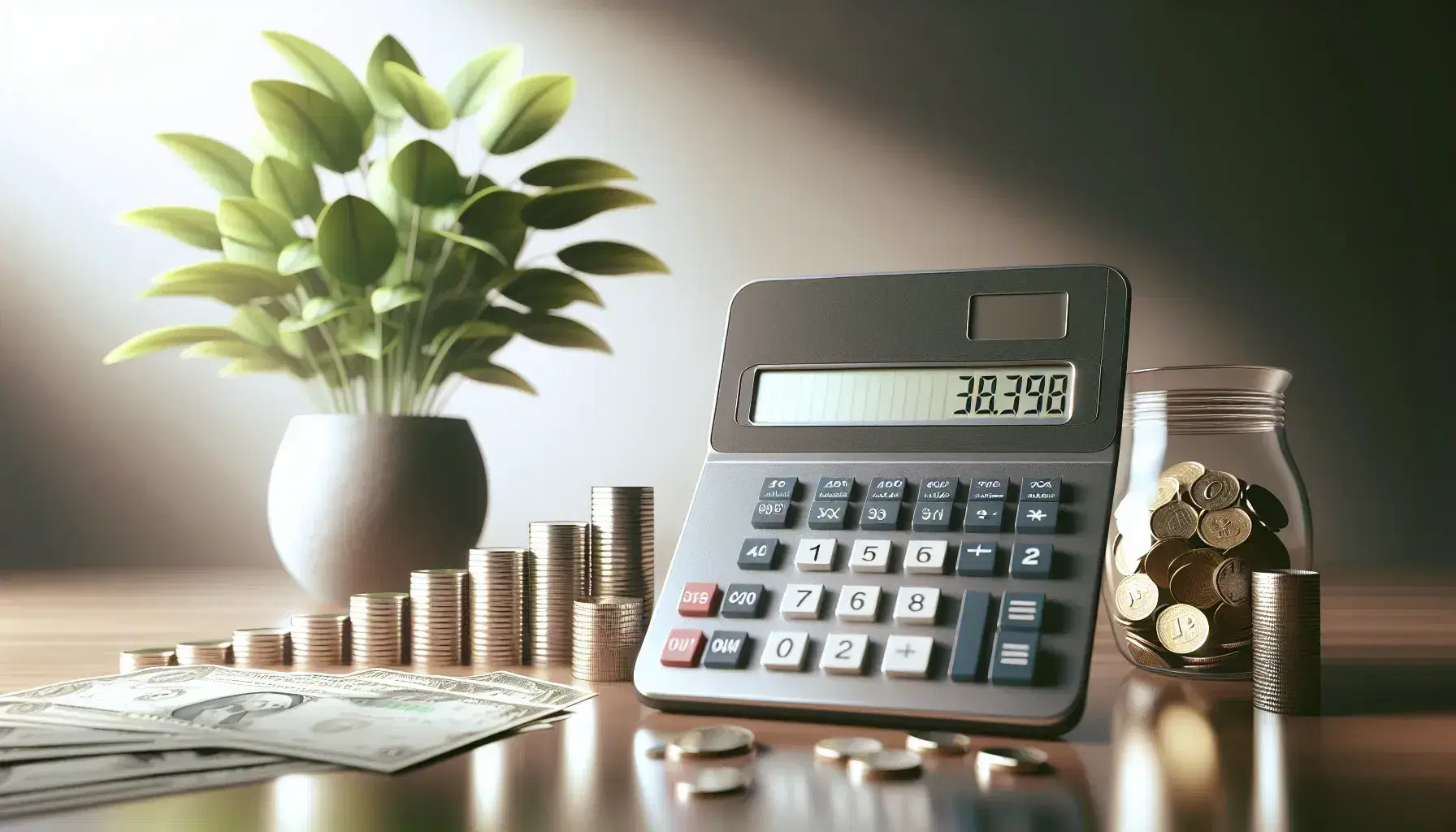 Modern calculator on a wooden desk with ascending stacks of coins and a jar of mixed currency, complemented by a background green plant.