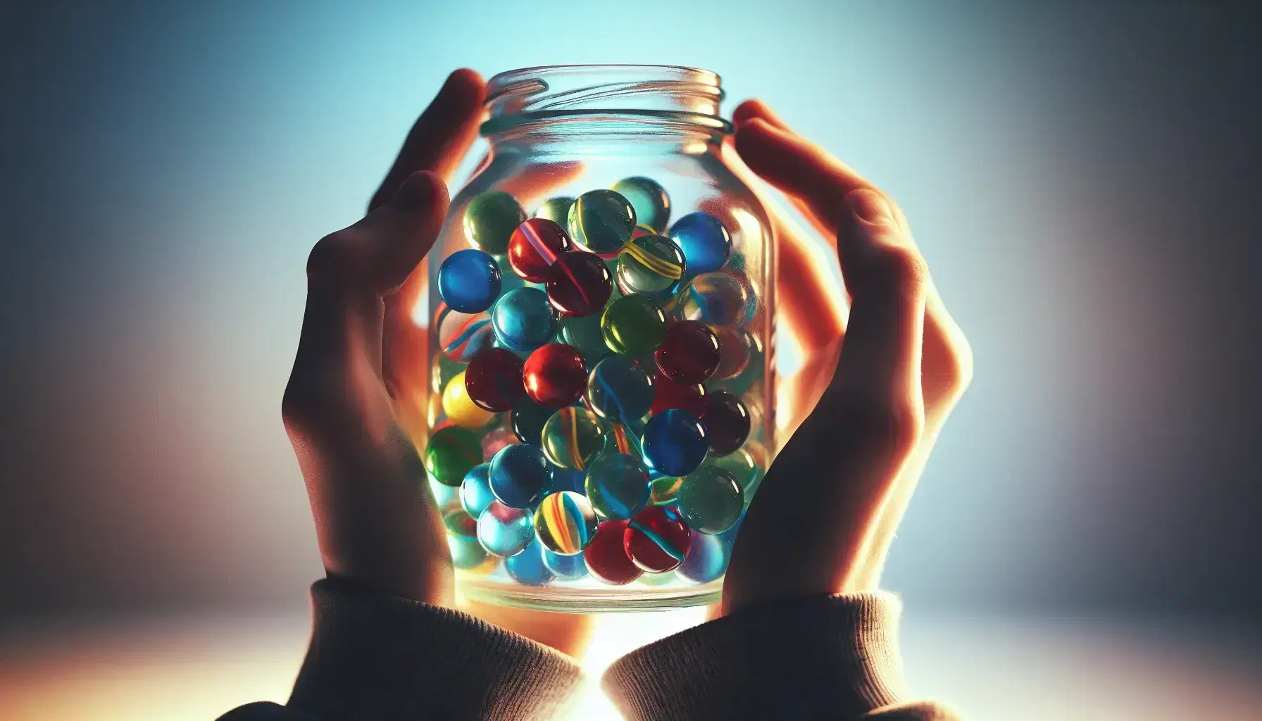 Hands holding a glass jar full of colored marbles in shades of red, blue, green, yellow and purple on a light blue-white blurred background.