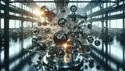 Ingranaggi meccanici metallici interconnessi in un sistema di trasmissione del moto in un ambiente industriale illuminato naturalmente.