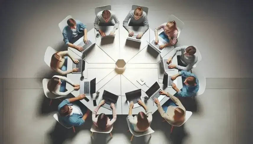 Estudiantes de diversas edades concentrados en laptops plateados alrededor de una mesa hexagonal con dispositivos tecnológicos al centro.