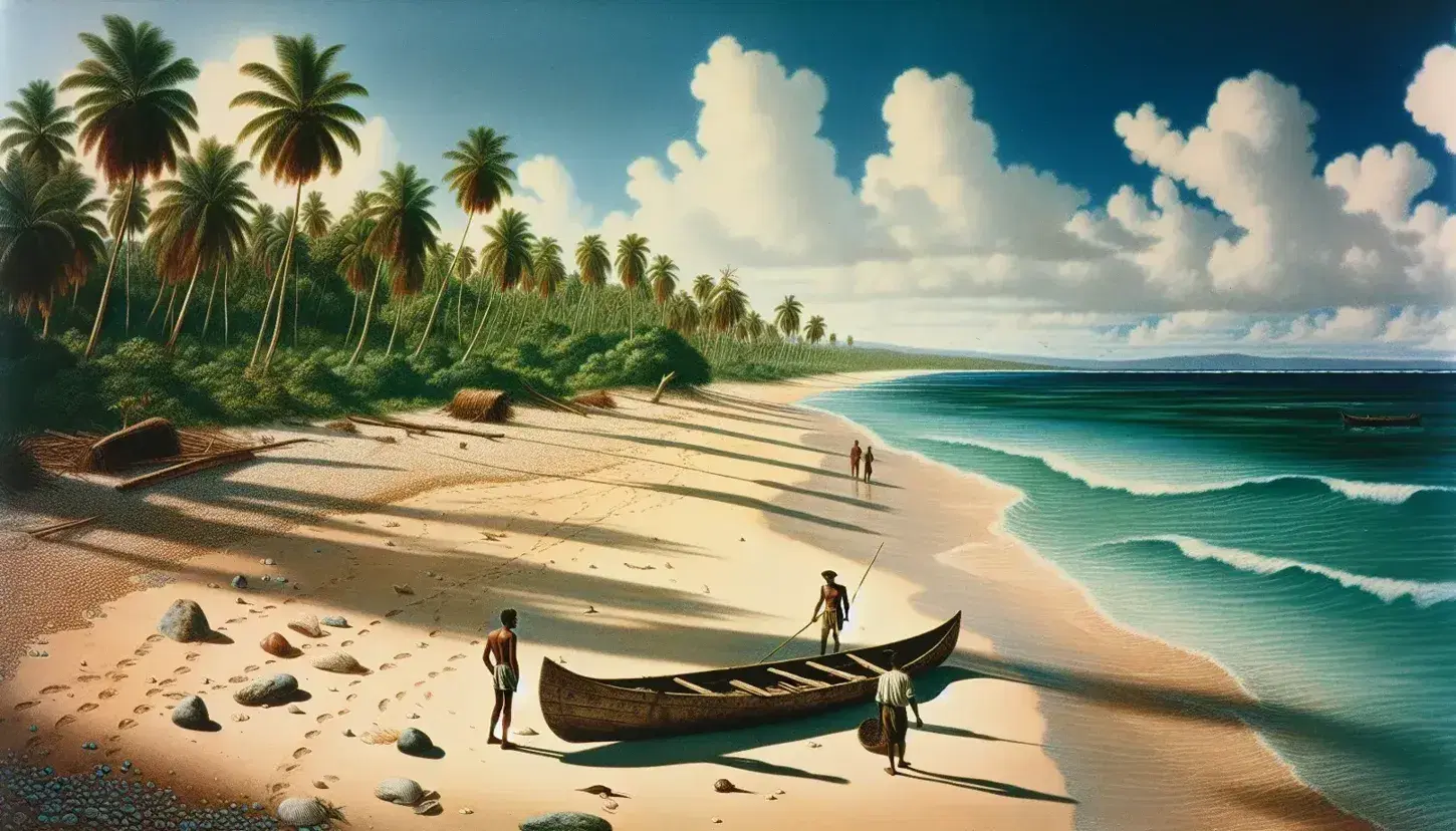 Playa caribeña con arena blanca y conchas, vegetación tropical, mar turquesa y cielo despejado, personas pescando y canoa de madera en la orilla.