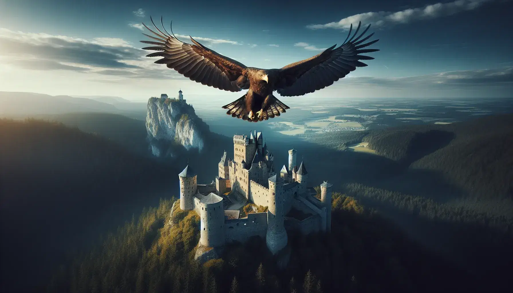 Aquila imperiale in volo con ali spiegate sopra castello medievale su collina, cielo azzurro con nuvole sparse, illuminazione solare.