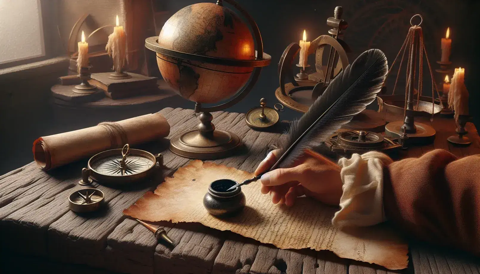 Pluma de ave y tintero de cerámica sobre mesa de madera, con pergamino, brújula, astrolabio y globo terráqueo, evocando la era de la conquista de Colombia.