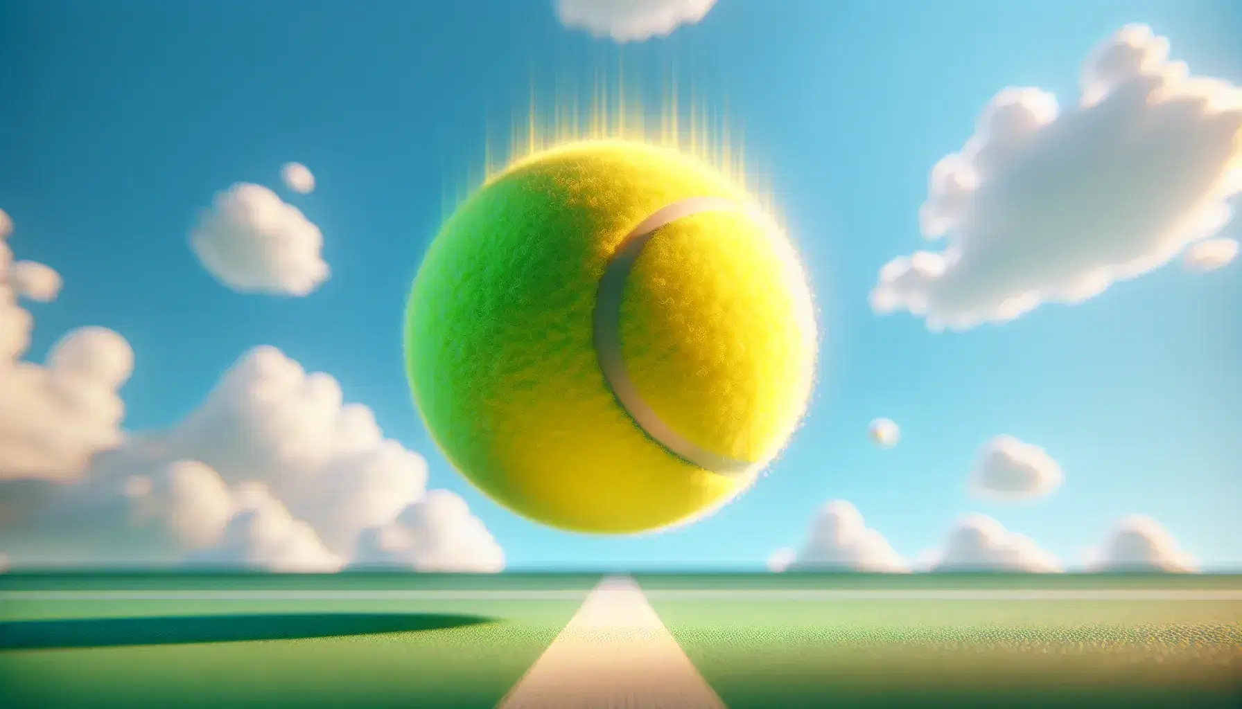 Palla da tennis giallo fluorescente in caduta libera su sfondo di cielo azzurro con nuvole sparse e prato verde sottostante.
