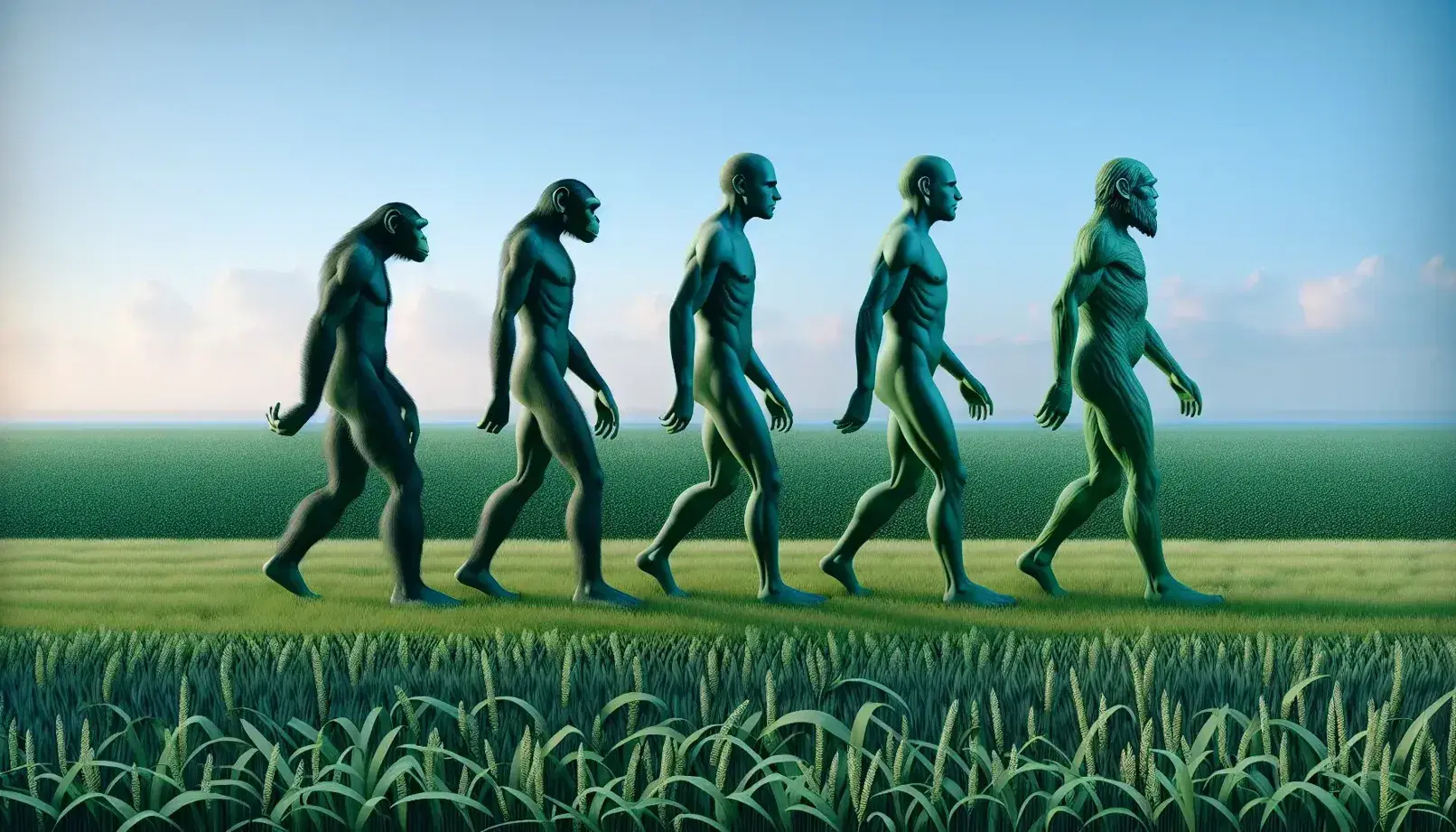 Evoluzione umana con figure stilizzate di Homo sapiens, Homo erectus e Australopithecus su terreno erboso con alberi sullo sfondo.