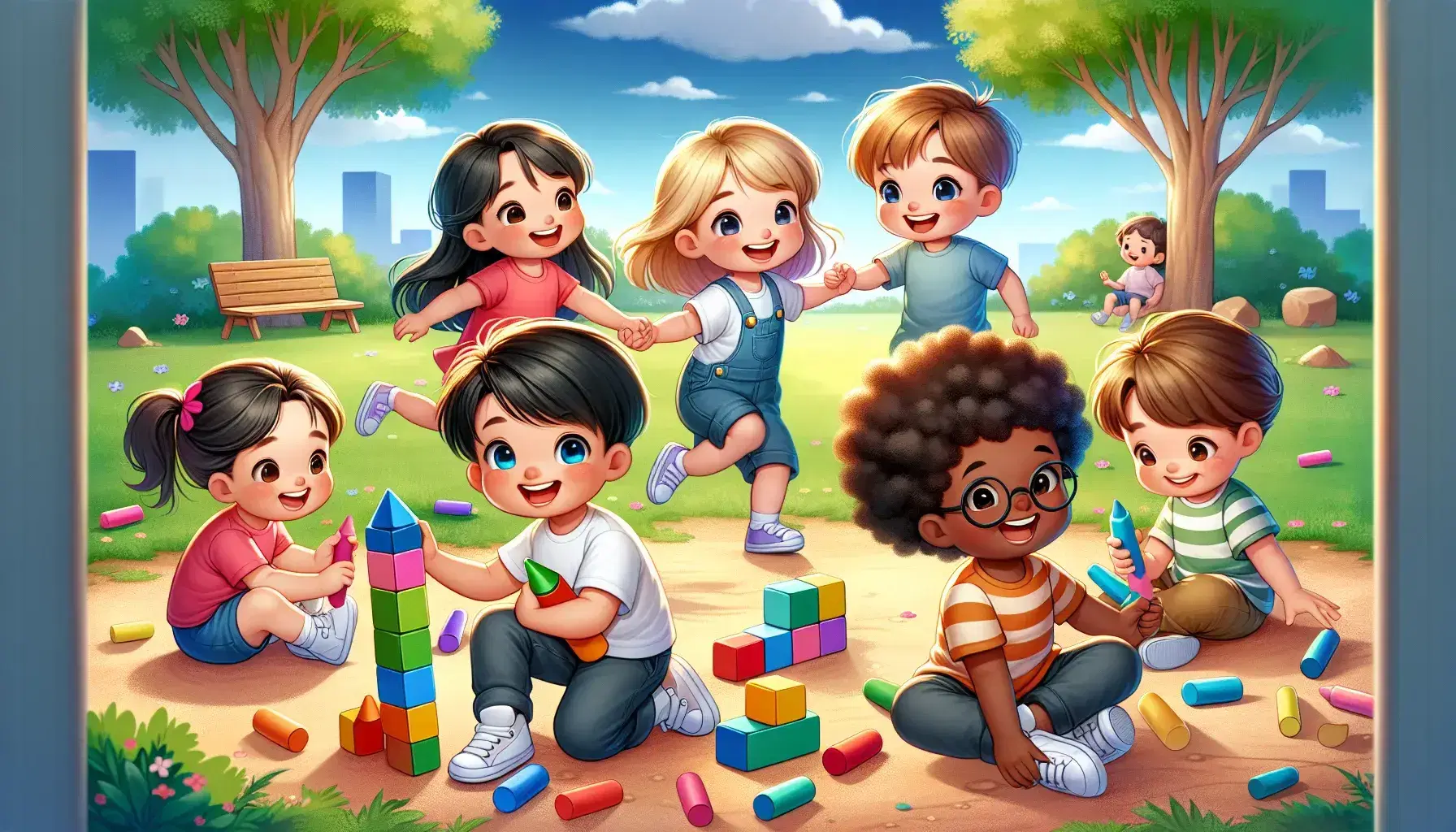 Bambini multietnici giocano in parco soleggiato: due corrono mano nella mano, uno disegna con gessetti colorati, un altro costruisce torre di blocchi.