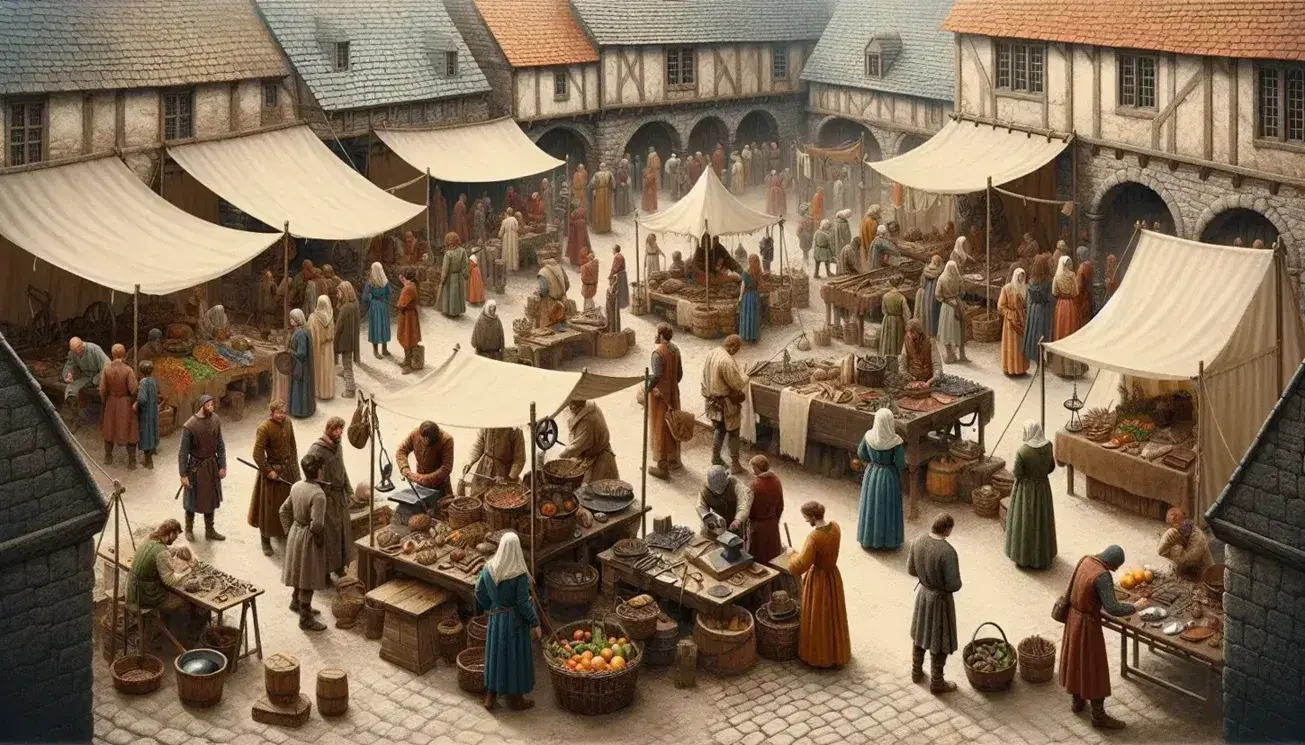 Scena vivace di mercato medievale con persone in abiti d'epoca, bancarelle di cibo e artigianato, fabbro al lavoro e chiesa gotica sullo sfondo.