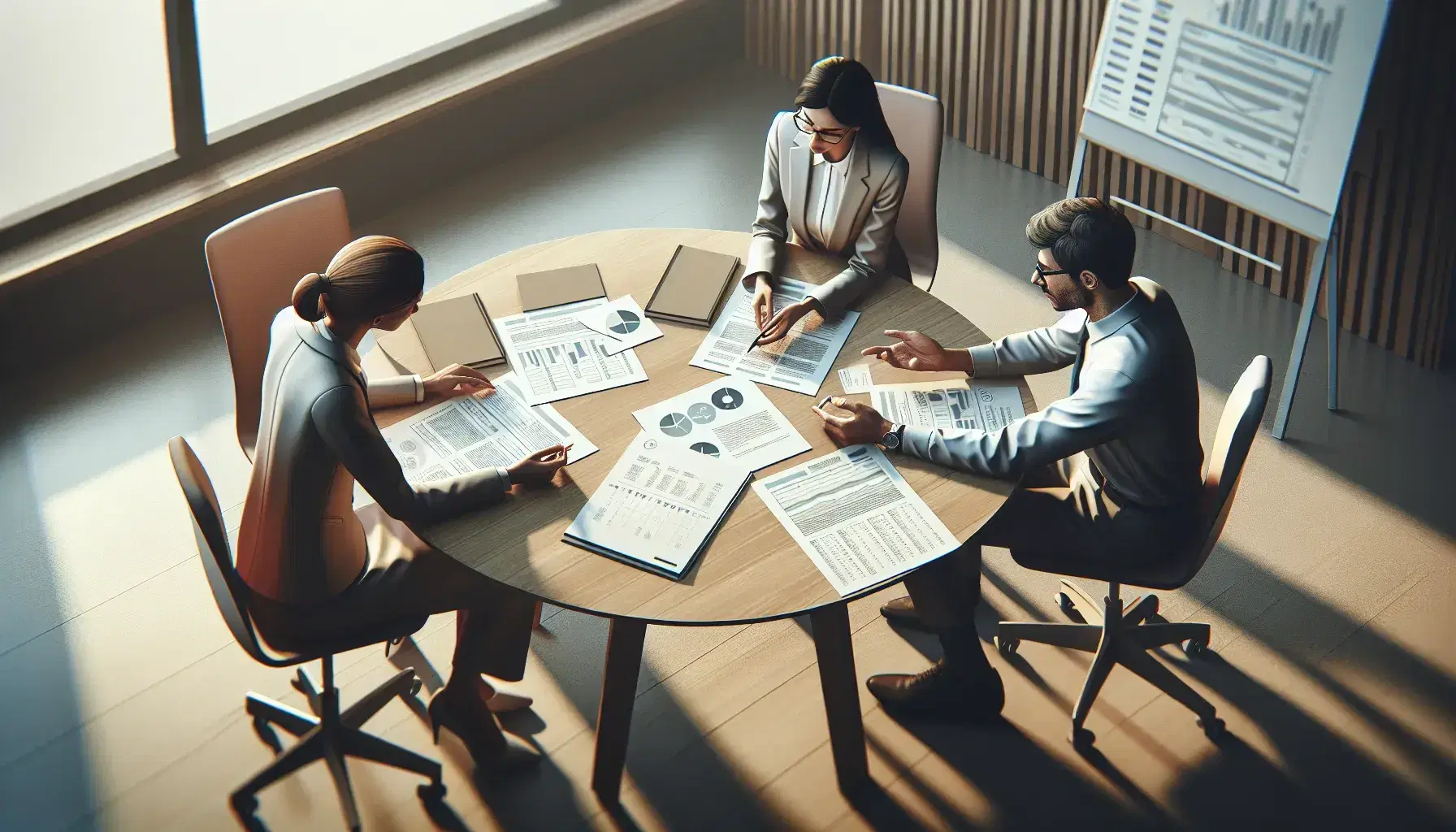 Tres profesionales en reunión de trabajo analizando documentos y gráficos en una mesa redonda con ambiente de oficina iluminado suavemente.