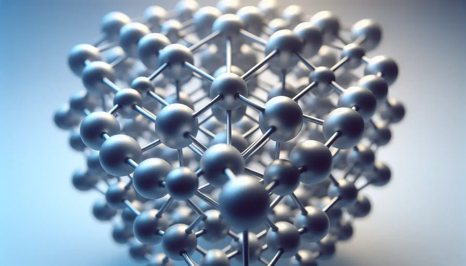Close-up view of a silver-colored crystal lattice model with interconnected spheres and rods against a gradient blue to white background.
