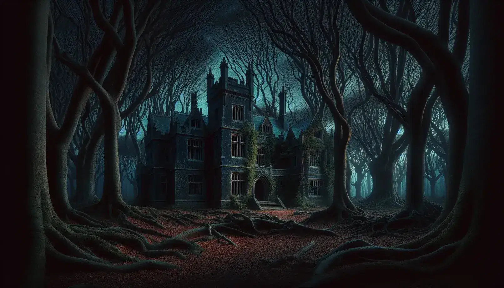 Twilight descends on a dense forest with gnarled trees, a raven perched on a stone, and an eerie, ivy-clad gothic mansion looming in the background.