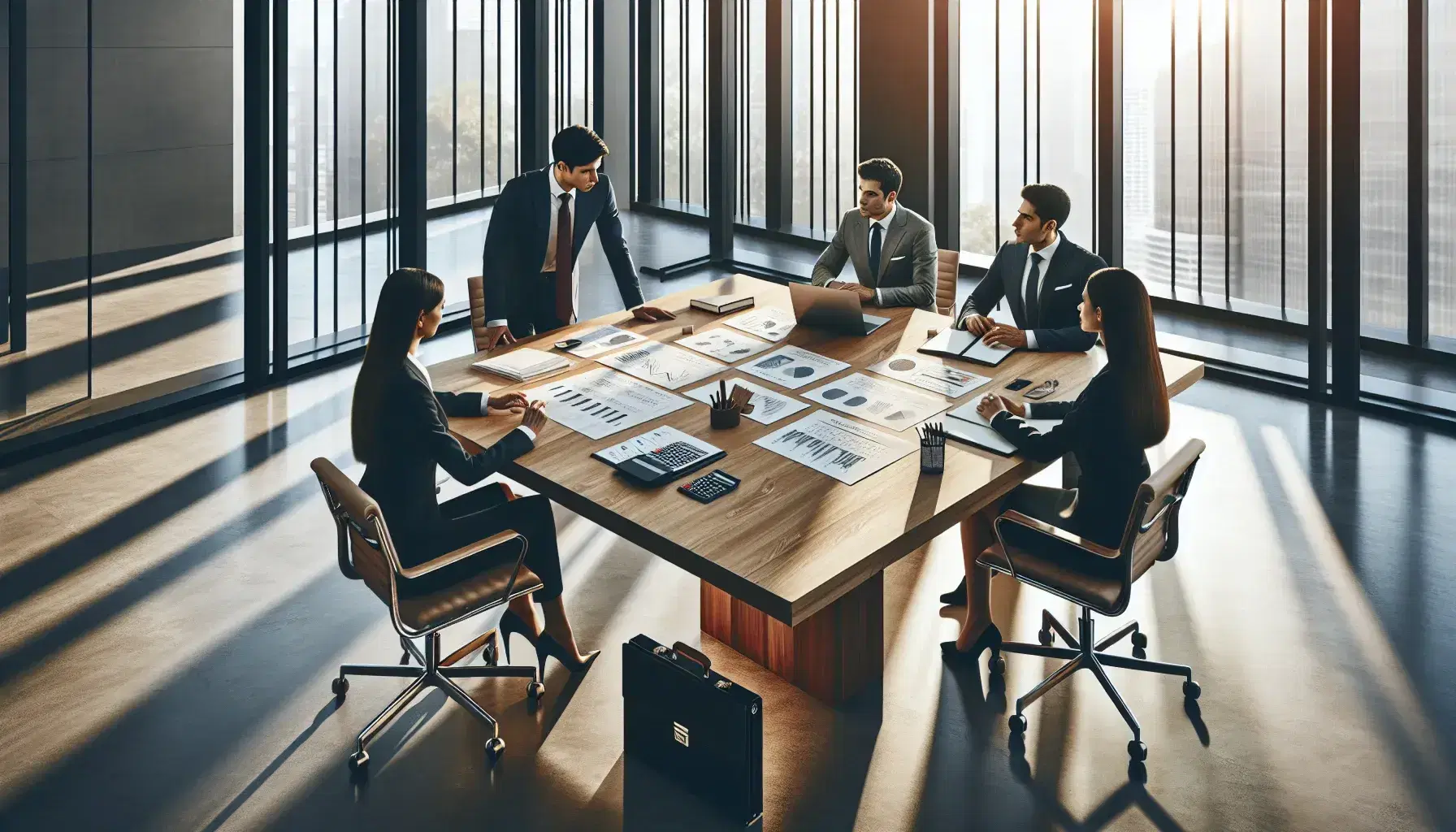 Diverse corporate team engaged in capital investment analysis around a large wooden table in a sunlit office with city views.