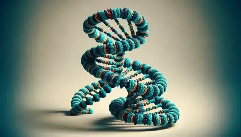 Modello 3D di doppia elica del DNA con basi azotate colorate e legami, su sfondo neutro.