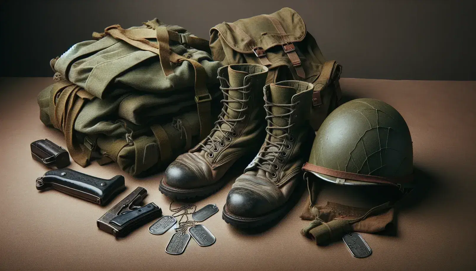 Vietnam War era military gear arranged on a plain background, including worn combat boots, M-60 helmet, dog tags, rucksack, canteen, and fatigues.