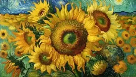 Close-up of a Van Gogh "Sunflowers" painting with golden-yellow petals, velvety brown center and visible impressionist-style brushstrokes.