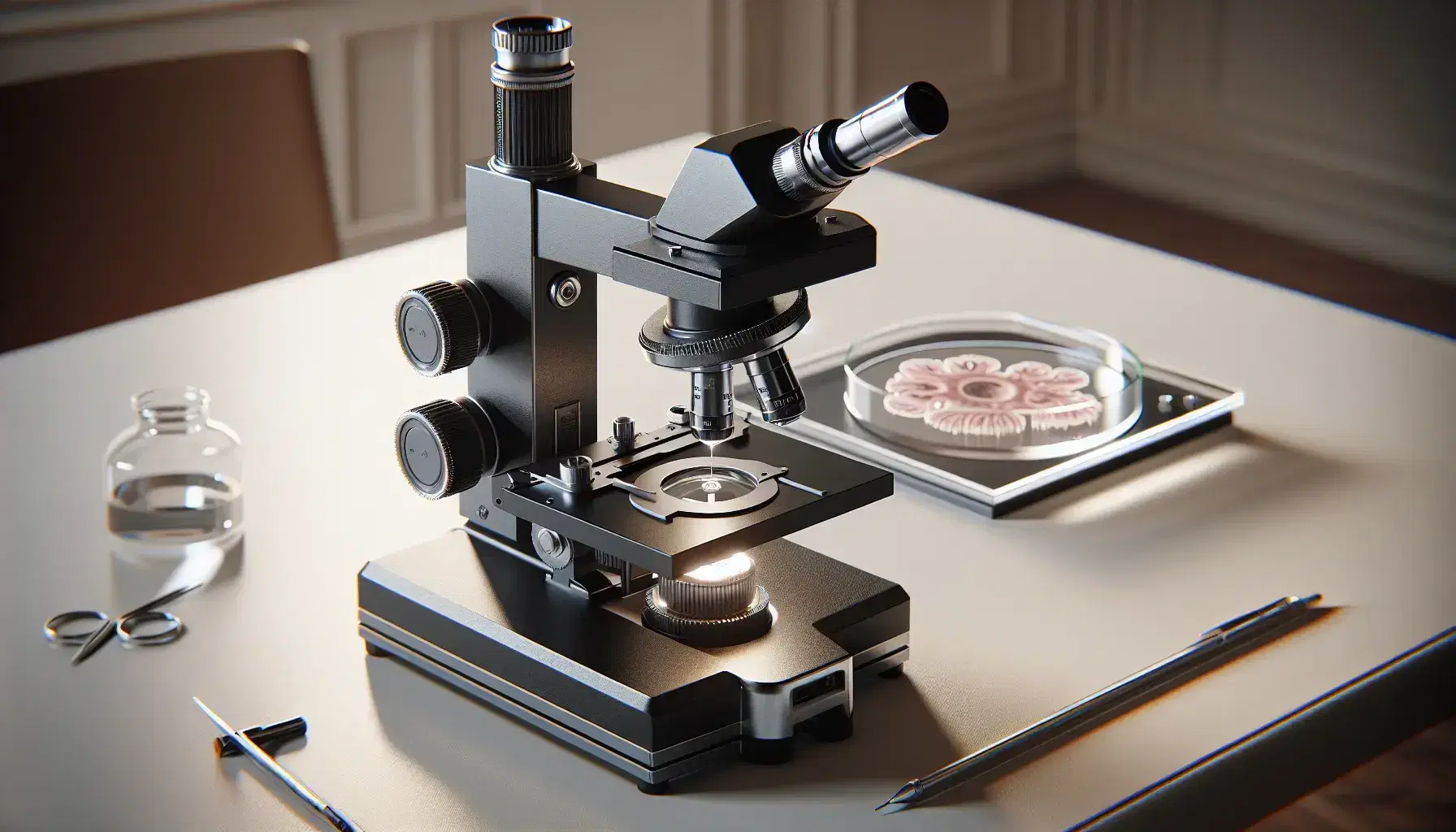 Microscopio óptico de laboratorio con base negra, tubo y ocular mate, revolver con tres objetivos plateados, platina con sujetadores y condensador, junto a portaobjetos con muestra de tejido.