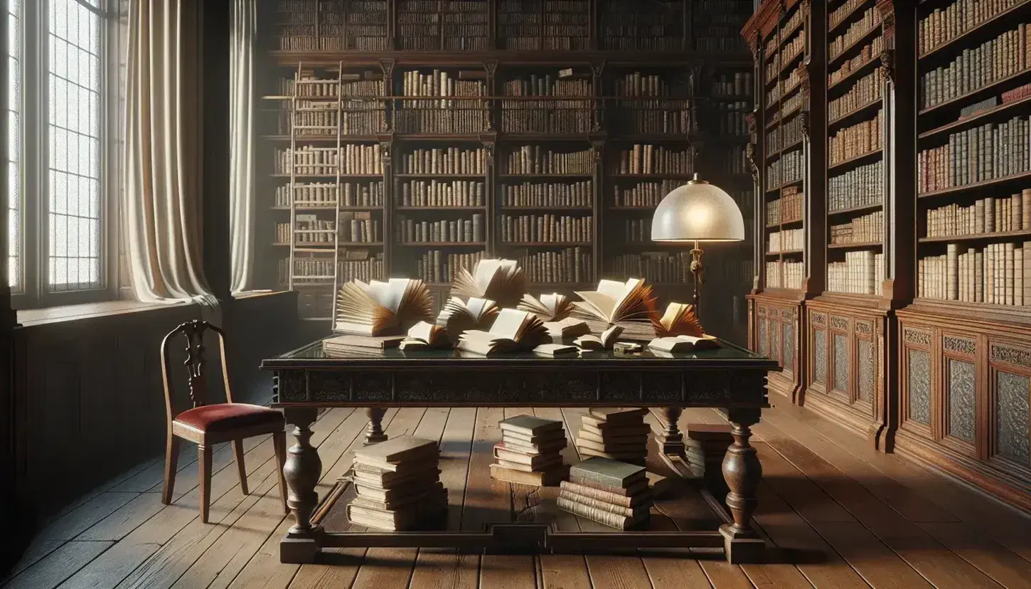 Biblioteca antigua con mesa de madera oscura y libros abiertos, silla con cojín rojo, estantería llena de libros y lámpara de pie, ambiente acogedor.