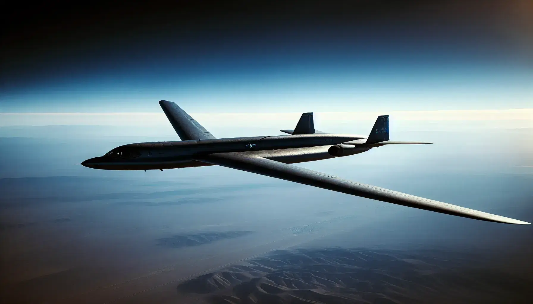 U-2 reconnaissance aircraft soaring at high altitude with long wings against a clear blue sky over a barren landscape.
