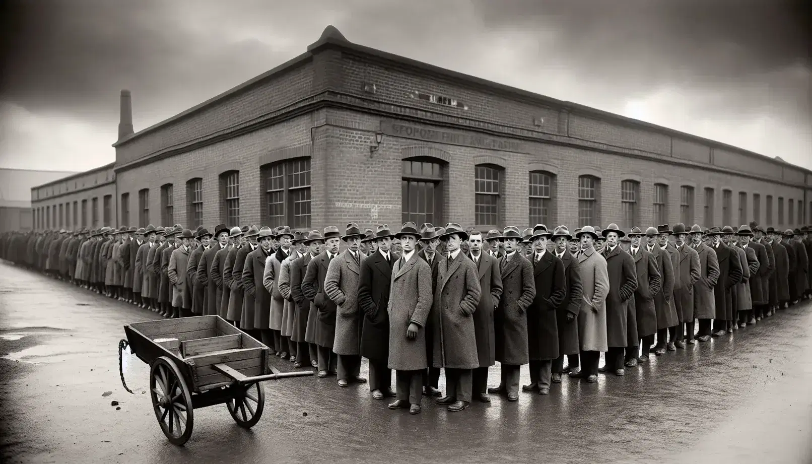 Hombres en fila de los años 30 frente a edificio de ladrillos con un carro de madera, expresiones serias, día nublado.
