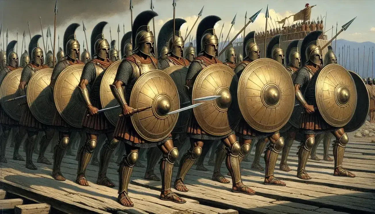 Greek hoplites in bronze armor with round shields and spears, Corinthian helmets, in the background triremes at sea during the Peloponnesian War.