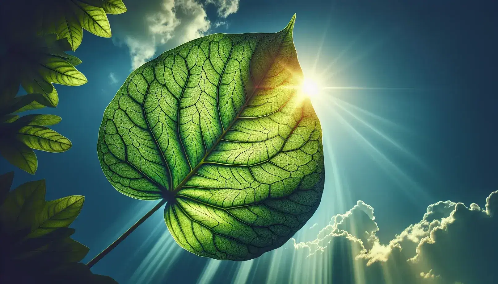 Hoja verde vibrante con patrones de venas bajo la luz del sol, con un fondo de cielo azul claro y nubes dispersas.
