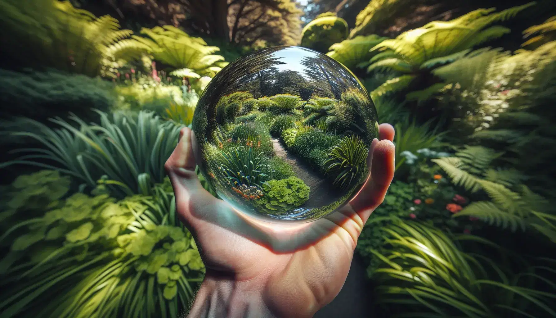Hand holding a glass sphere with a garden magnified through its fisheye effect, showcasing vibrant greenery and dappled sunlight.