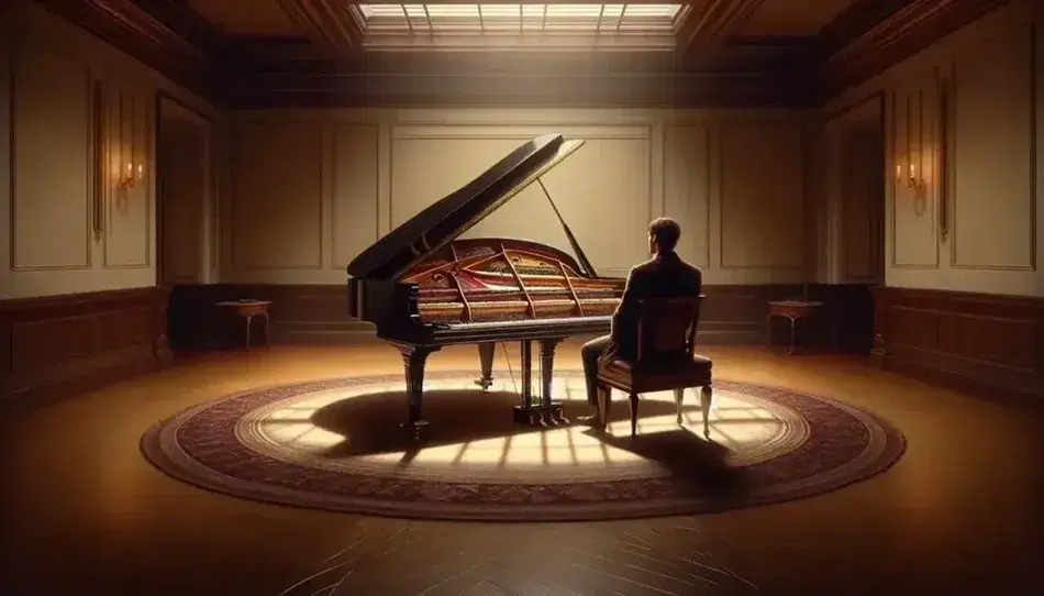 Polished grand piano in illuminated room with contemplative seated man, soft light reflections on ebony surfaces and decorated circular carpet.