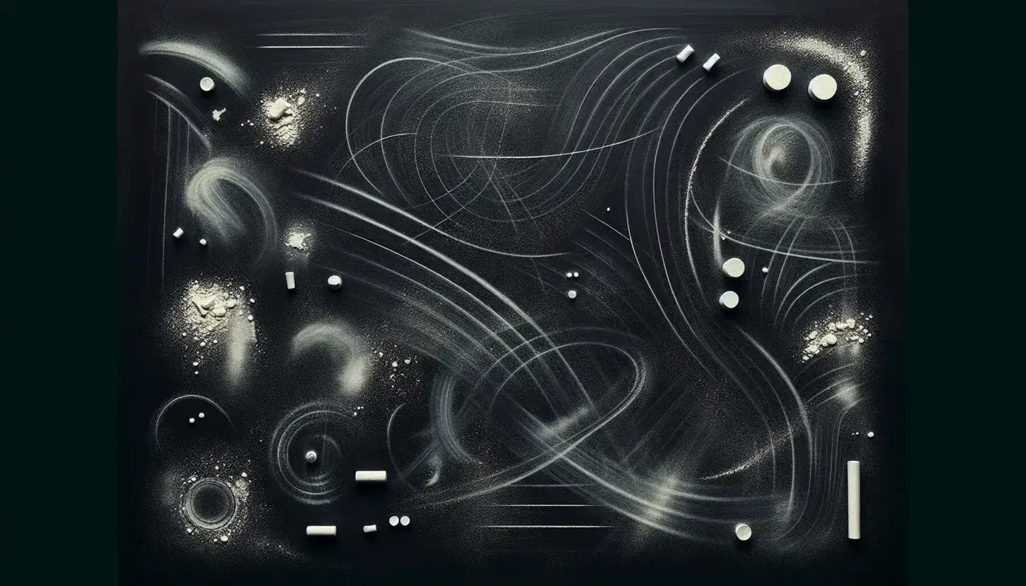 Close-up view of a blackboard with random white chalk dust trails and smudges, showing no discernible writing or symbols.
