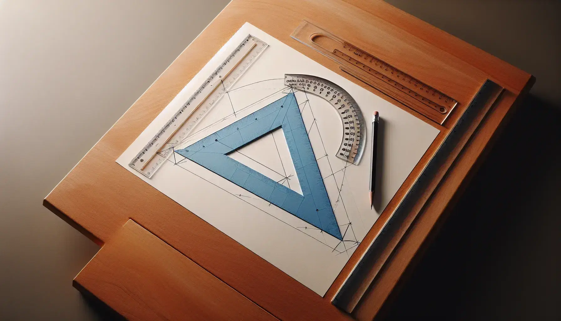 Drafting table with white paper, clear ruler, protractor forming a trapezoid, and a blue paper model trapezoid, with a mechanical pencil on the side.