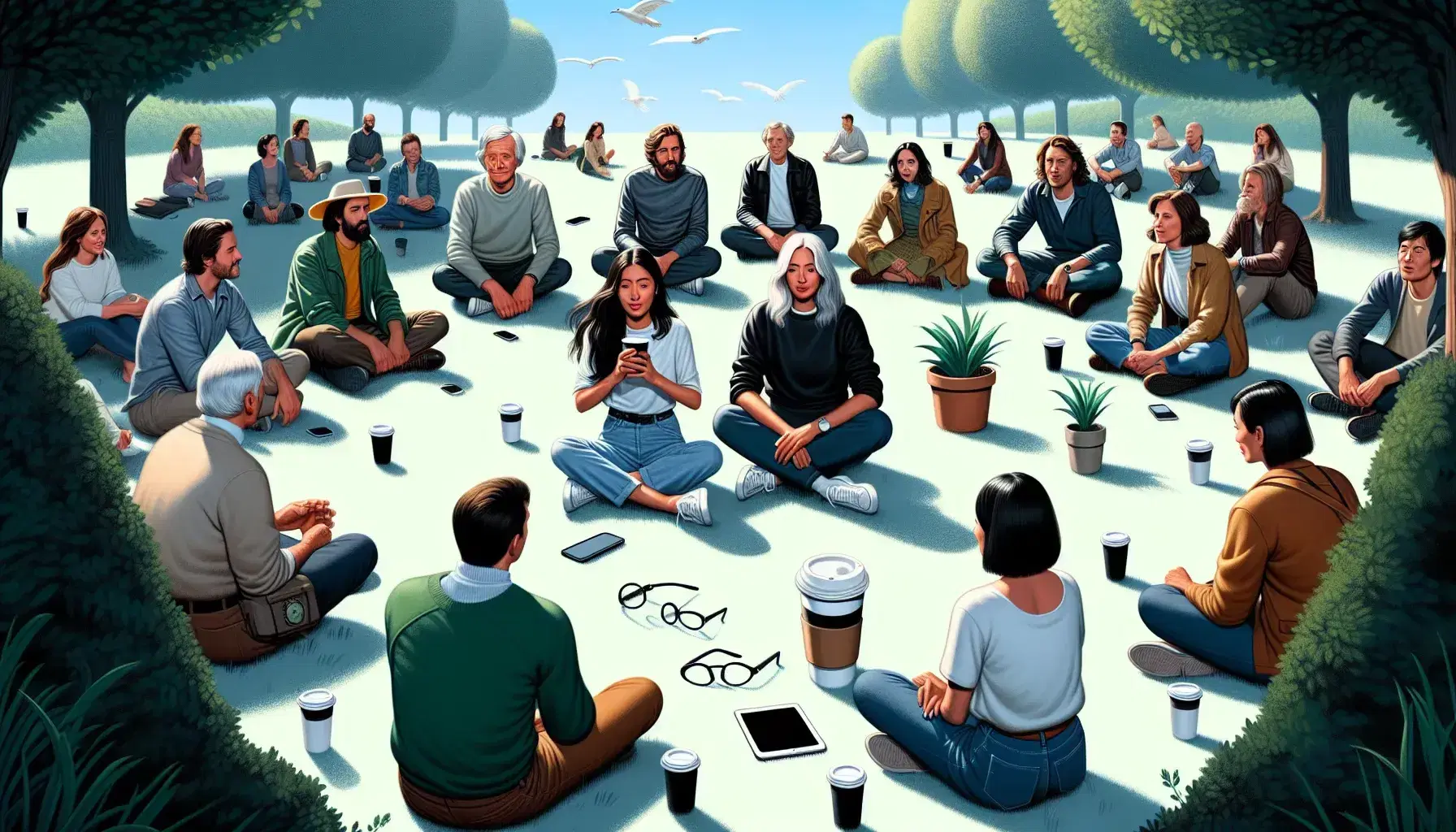 Diverse group of people sitting in a circle in a park, with Caucasian man and Middle Eastern woman, cup of coffee, plant and smartphone on grass.