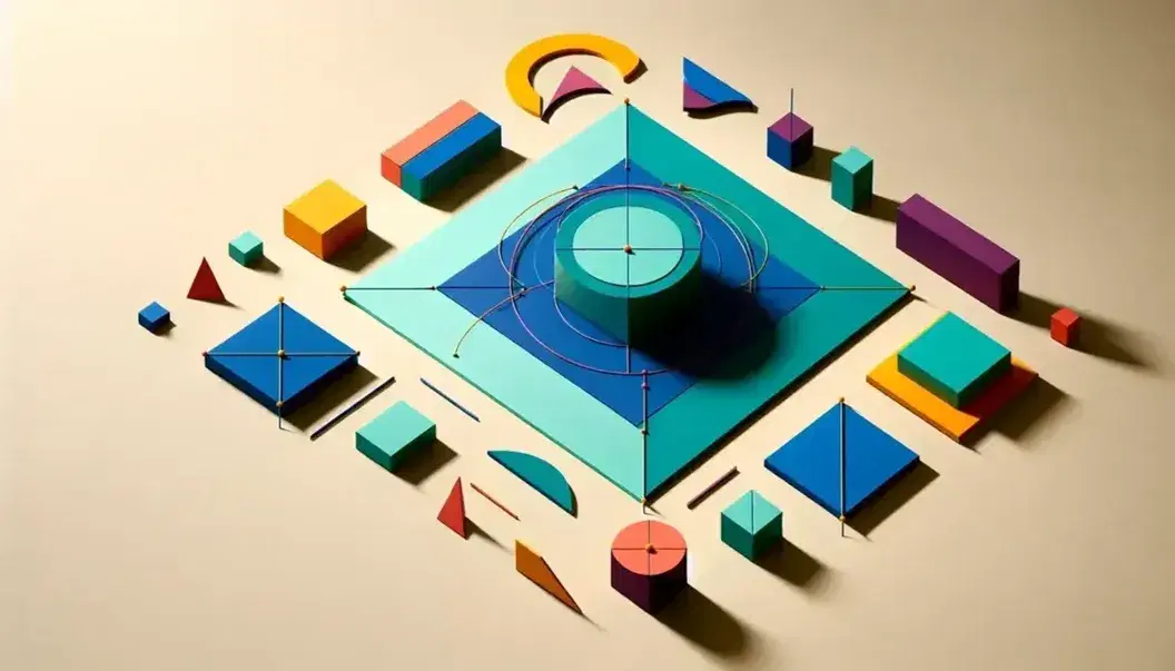 Forme geometriche piatte colorate su sfondo neutro con quadrato blu centrale, rettangoli verde e rosso e triangoli vari, accanto a cerchio e quadrato azzurri.