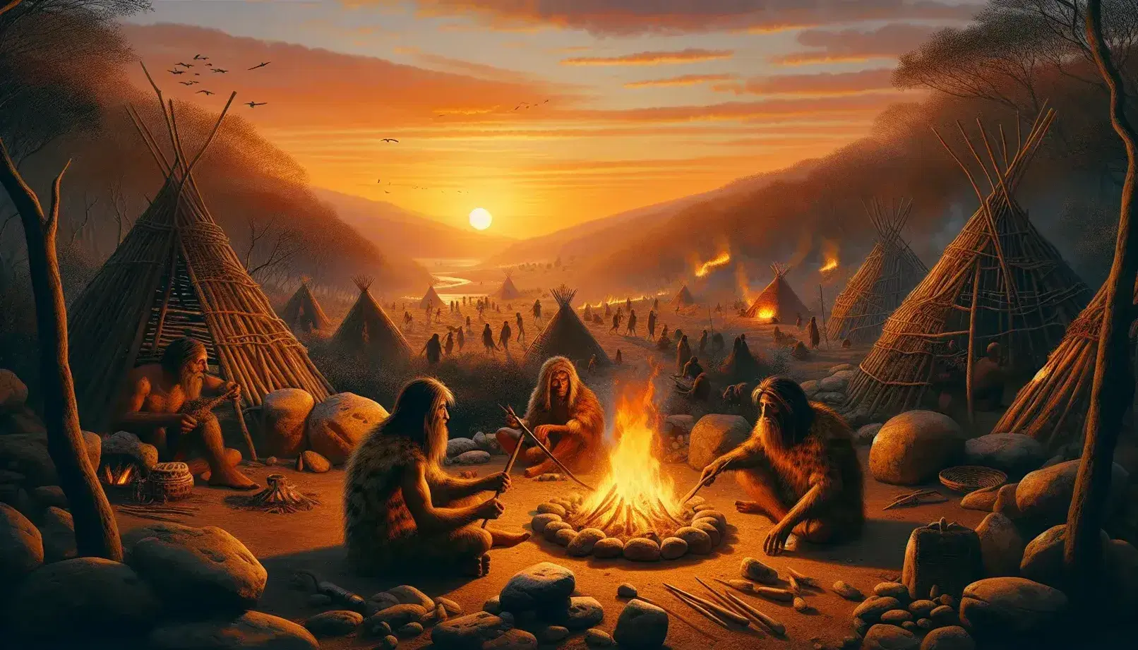 Atardecer prehistórico con tres personas alrededor de una fogata, herramientas de piedra en primer plano y refugios primitivos bajo un cielo sin nubes.