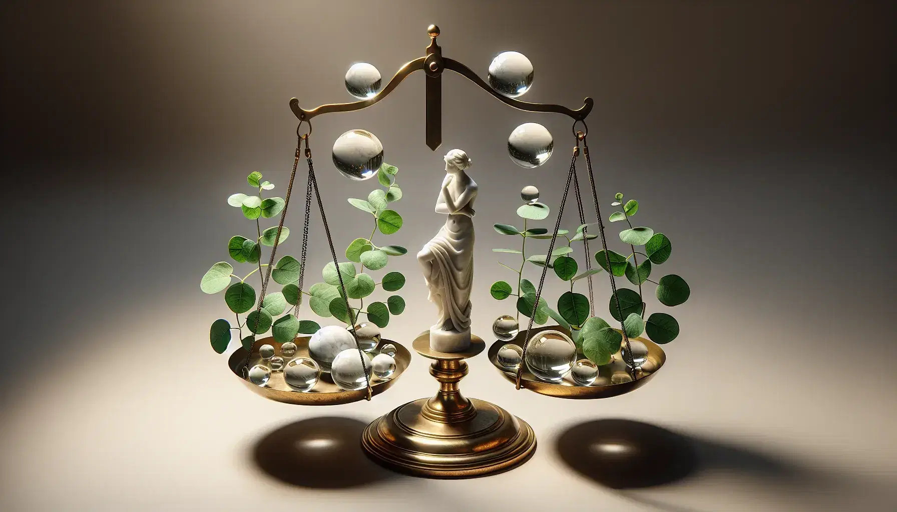 Bilancia antica in ottone con piatti in equilibrio, statuetta marmorea pensierosa e sfere di vetro trasparente, affiancata da piante verdi.