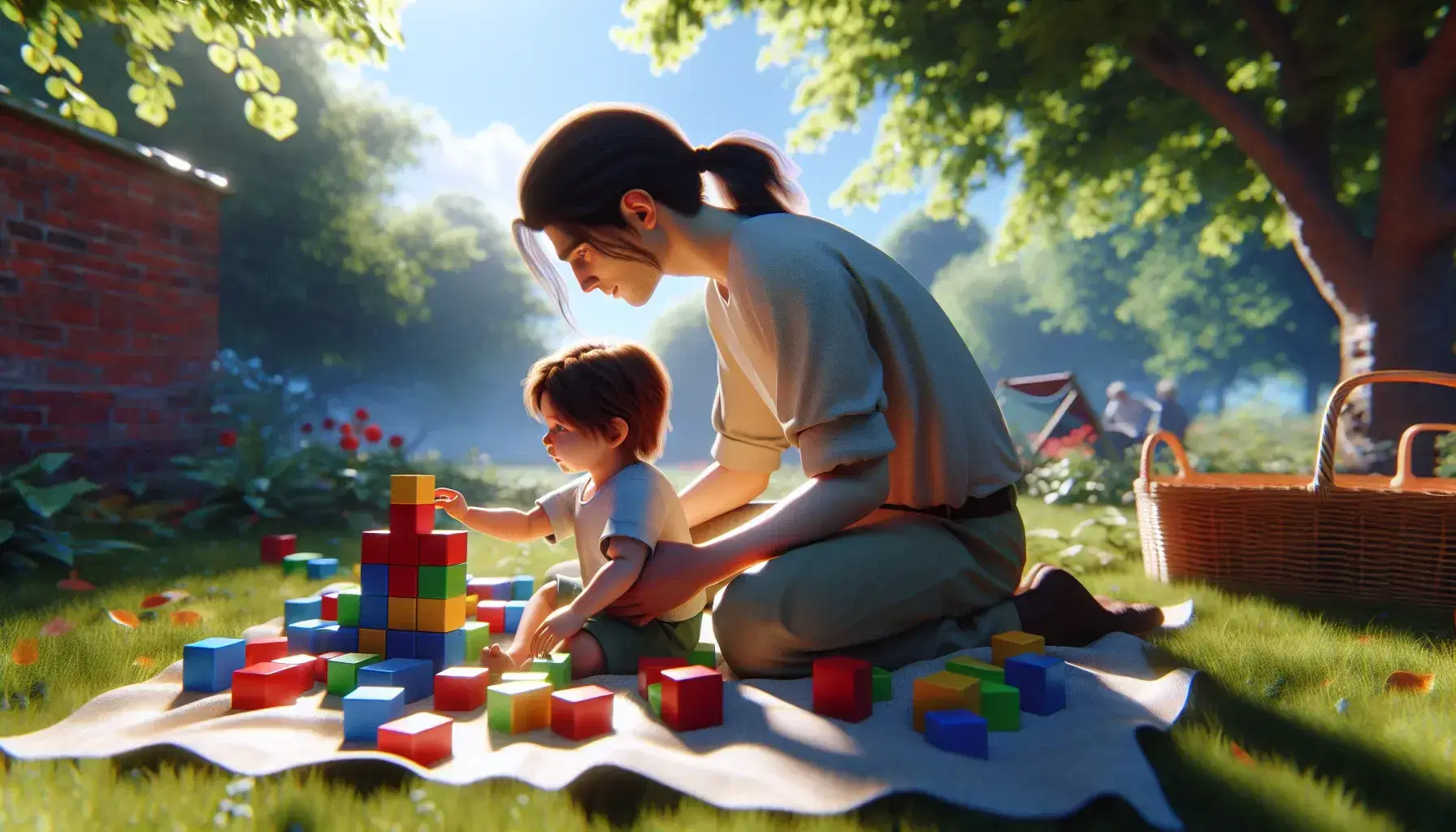 Bambino piccolo gioca con blocchi colorati su prato verde, adulto accanto sorveglia, alberi e cielo azzurro sullo sfondo.
