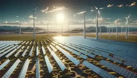 Paisaje de energía renovable con paneles solares en primer plano y aerogeneradores en un campo verde bajo cielo azul con montañas al fondo.