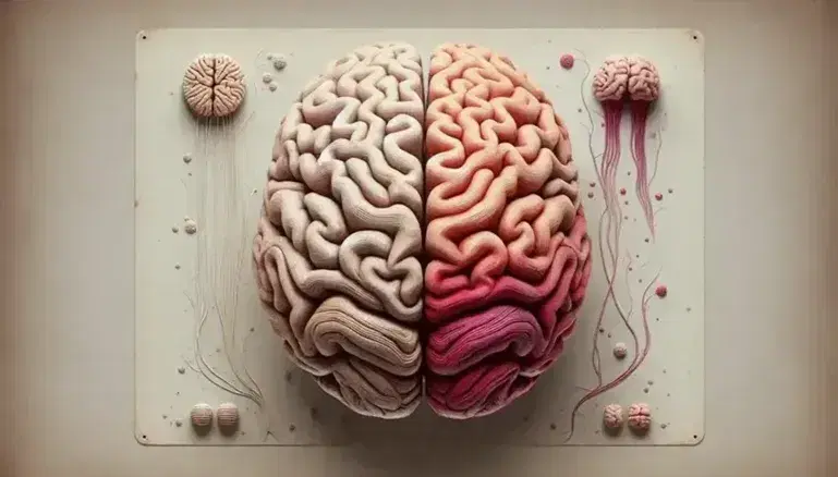 Rappresentazione dettagliata del cervello umano dall'alto con emisferi, cervelletto e tronco cerebrale su sfondo neutro.