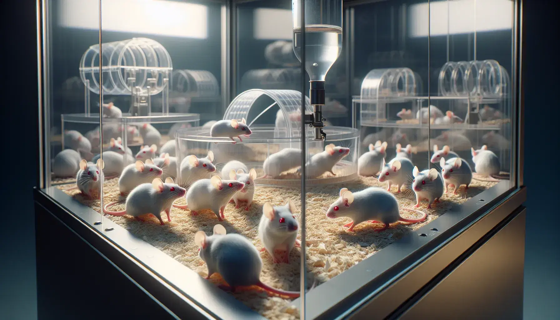 Ratones de laboratorio blancos con ojos rojos en un entorno controlado, explorando y socializando, con rueda de ejercicio y dispensador de agua.