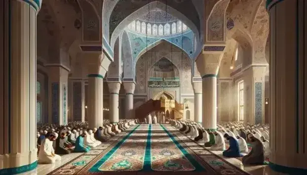 Interno di una moschea con fedeli in preghiera su tappeto intricato, colonne di marmo, soffitto decorato e mihrab con piastrelle azzurre.