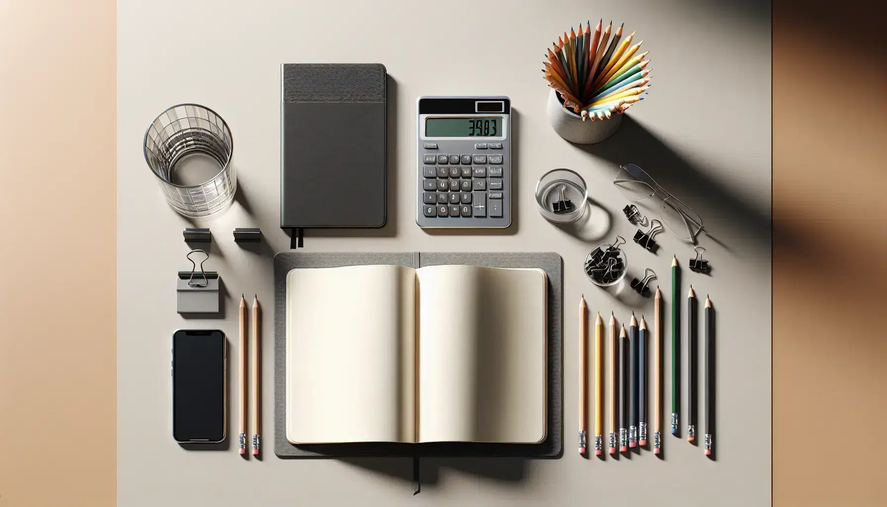 Organized desk with open notebook, modern calculator, glass with colored pencils, green plant and black glasses on light wooden background.
