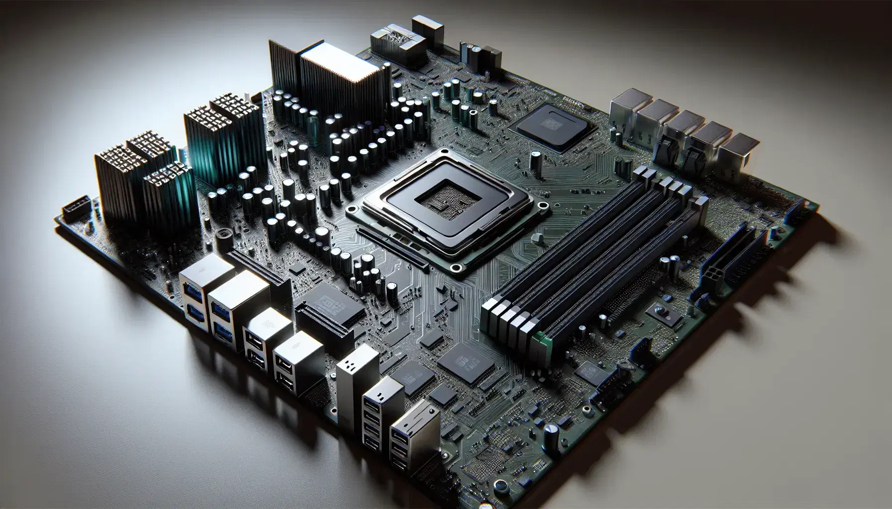 Placa base de ordenador con procesador central, chips, bancos de memoria vacíos y puertos USB, rodeada de capacitores cilíndricos en superficie plana.
