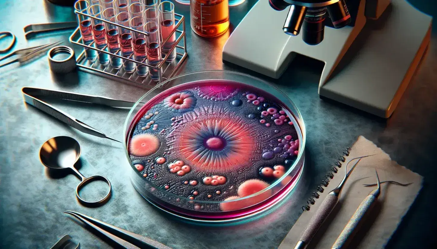 Close-up view of a petri dish with colorful bacterial colonies on a lab bench, flanked by tweezers, a loop tool, and a partially visible microscope.