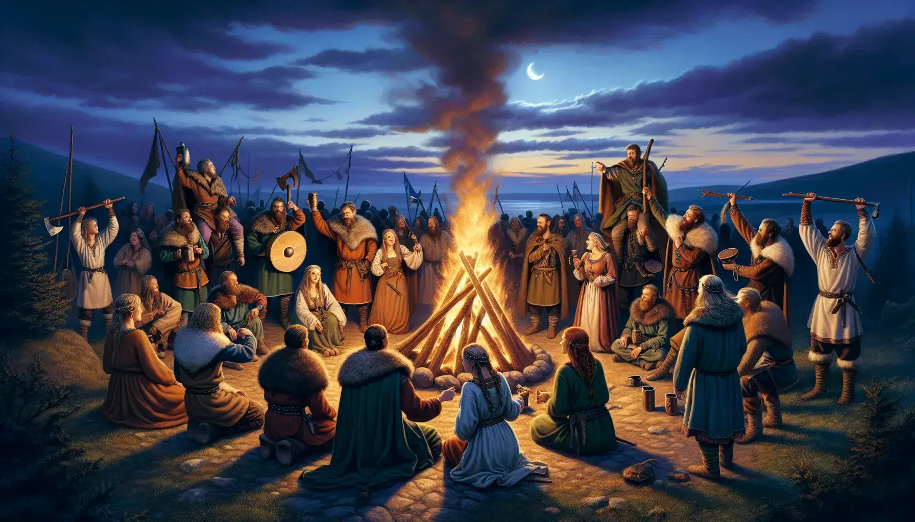 Viking reenactors celebrate around a bonfire at twilight, with traditional music, dance, and a toast, set against a backdrop of a darkening sky.